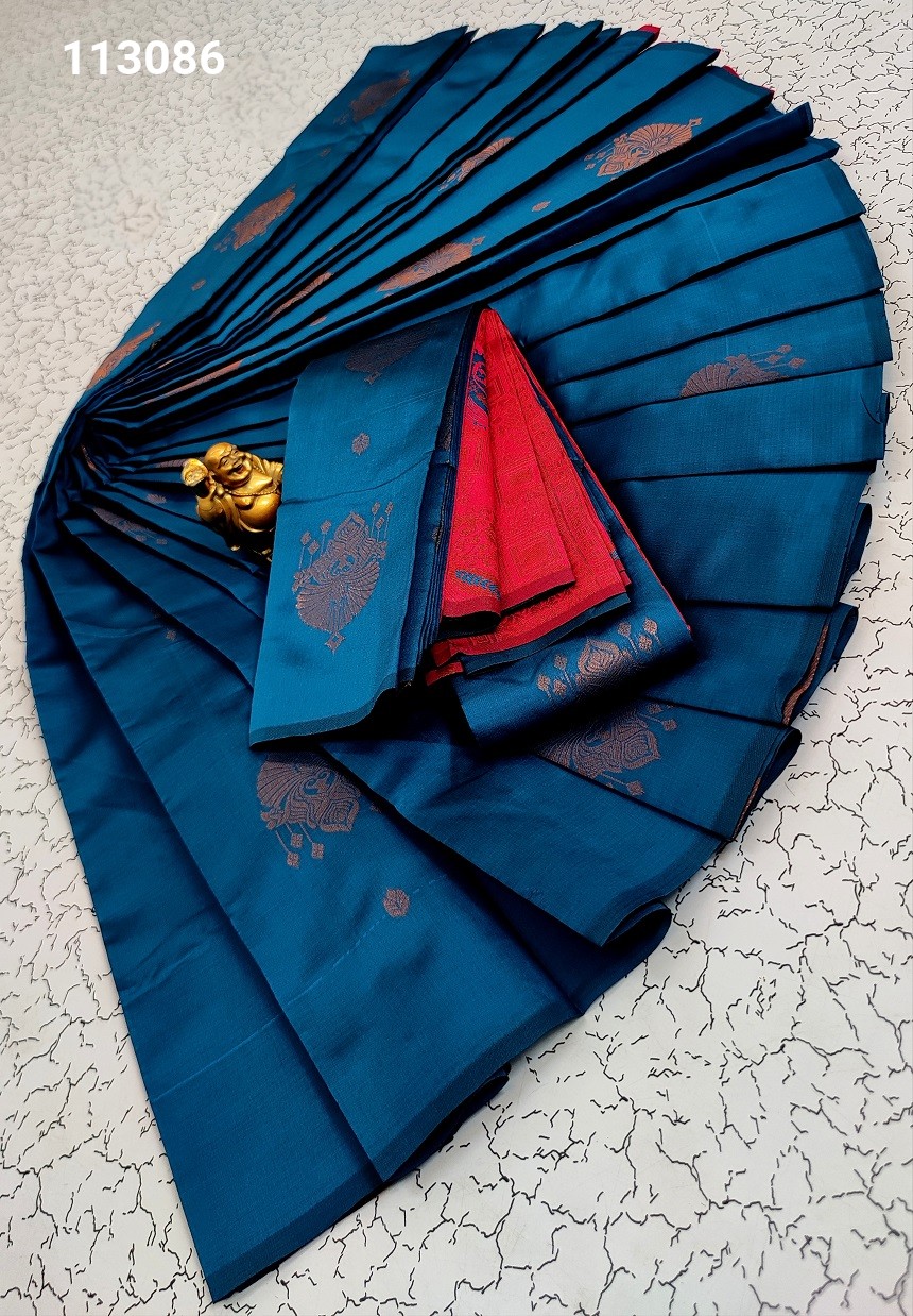 kanjivaram silk saree with double warp in red & blue border